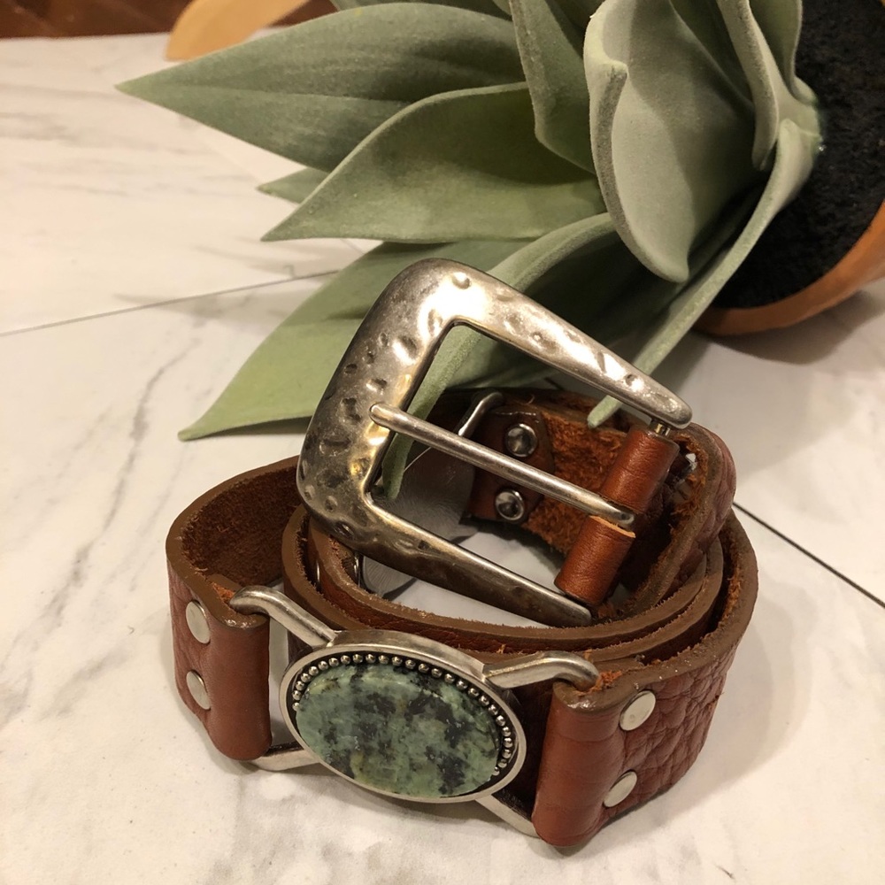LEATHERROCK-Cognac Leather/Turquoise Stone Belt-L